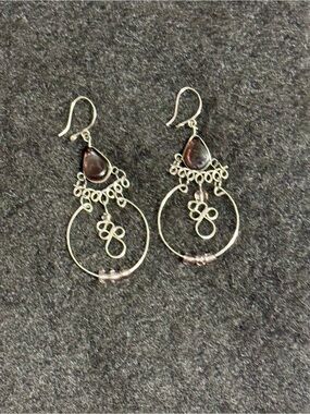 Purple Beaded Silver Hoop Dangle Earrings